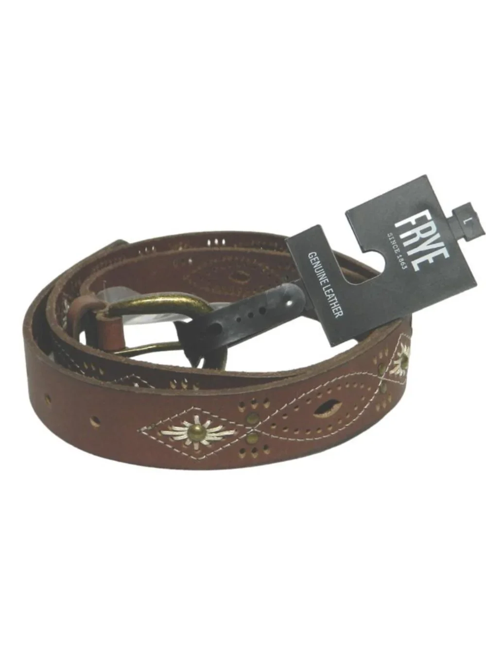 FRYE $68 30 Millimeter Belt with Embroidered Perforated Rivets Sz L NWT!